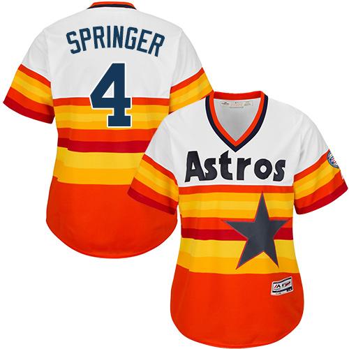 Astros #4 George Springer White/Orange Alternate Cooperstown Women's Stitched MLB Jersey - Click Image to Close